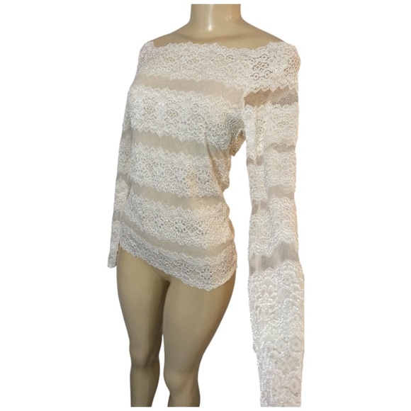 Y2K Coquette Lace Sheer Floral Long Sleeve Off White Top Off the Shoulder S/M - Picture 4 of 9
